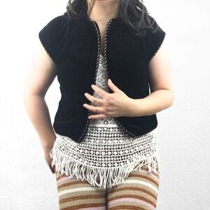 Vintage Union made jacket black velour twisted rope trim mod floral embroidered